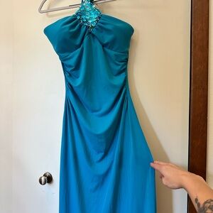 Windsor Halter Teal Dress with Embellished Neckline